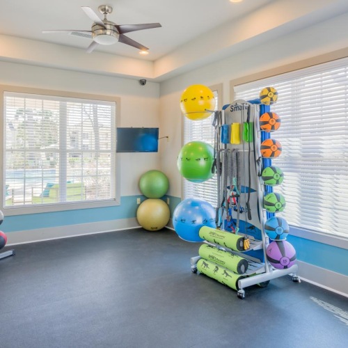 a room with exercise balls